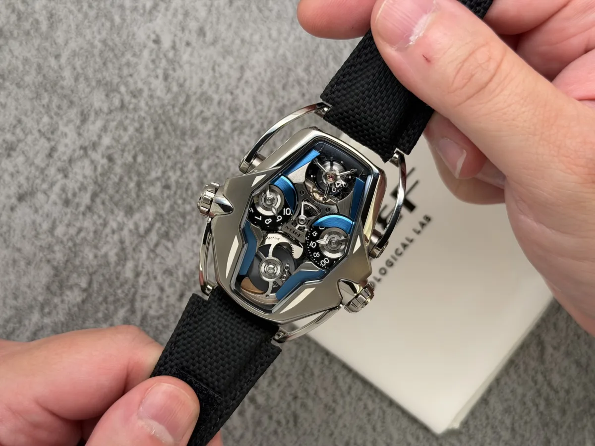 Dial of MB&F HM12 showing jumping hour and running minutes