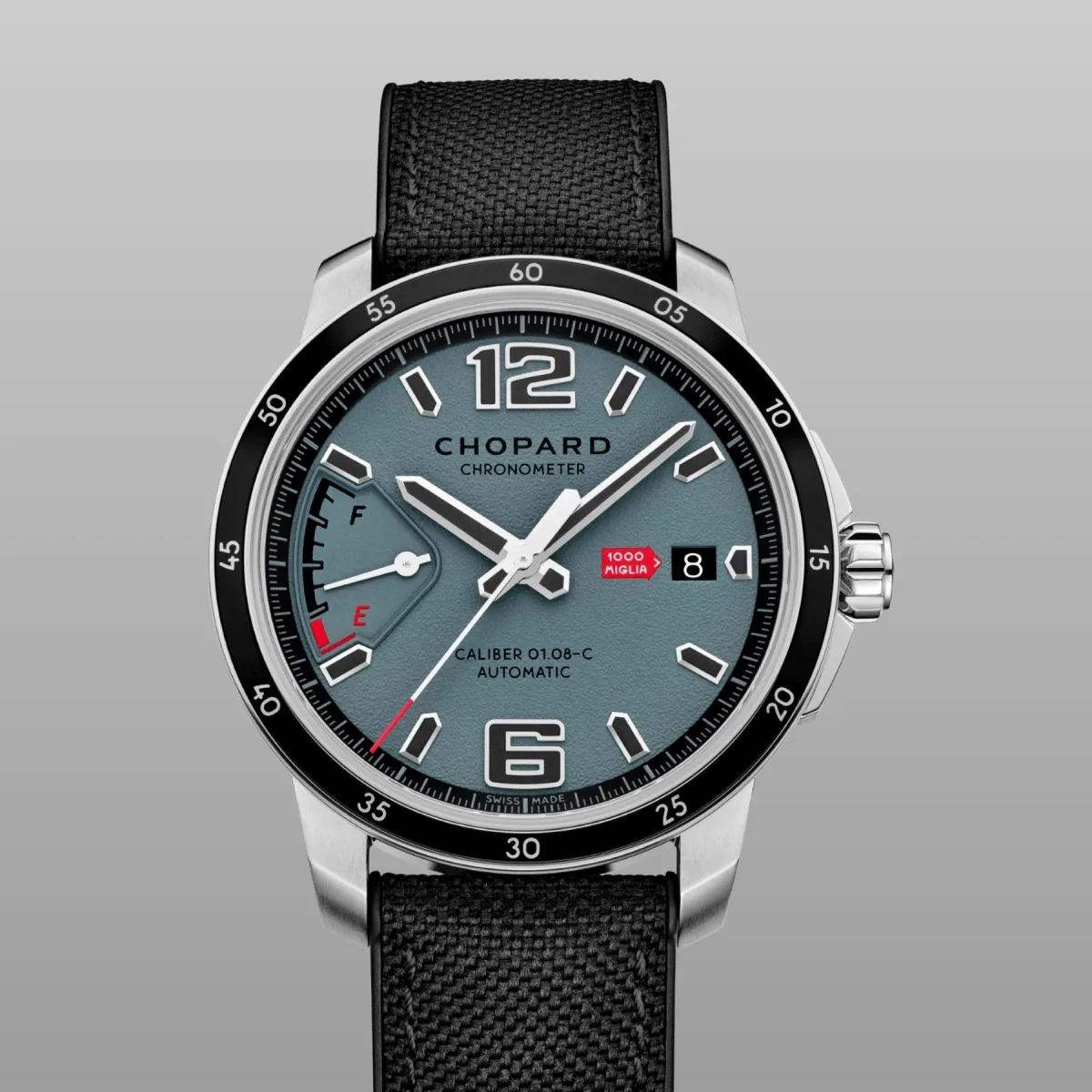 Close-up of the blue-gray dial of Chopard Mille Miglia GTS