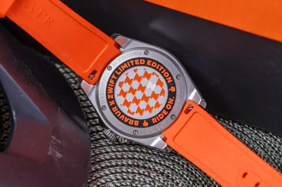 Bravur x Zwift watch case back with Zwift logo