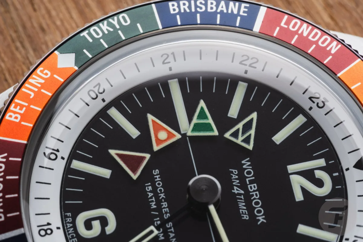 Close-up of Wolbrook Pan4Timer Automatic's transparent disc
