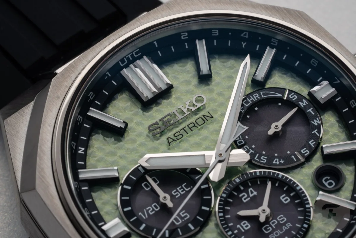 Close-up of Seiko Astron GPS Solar Dual-Time Chronograph dial layout