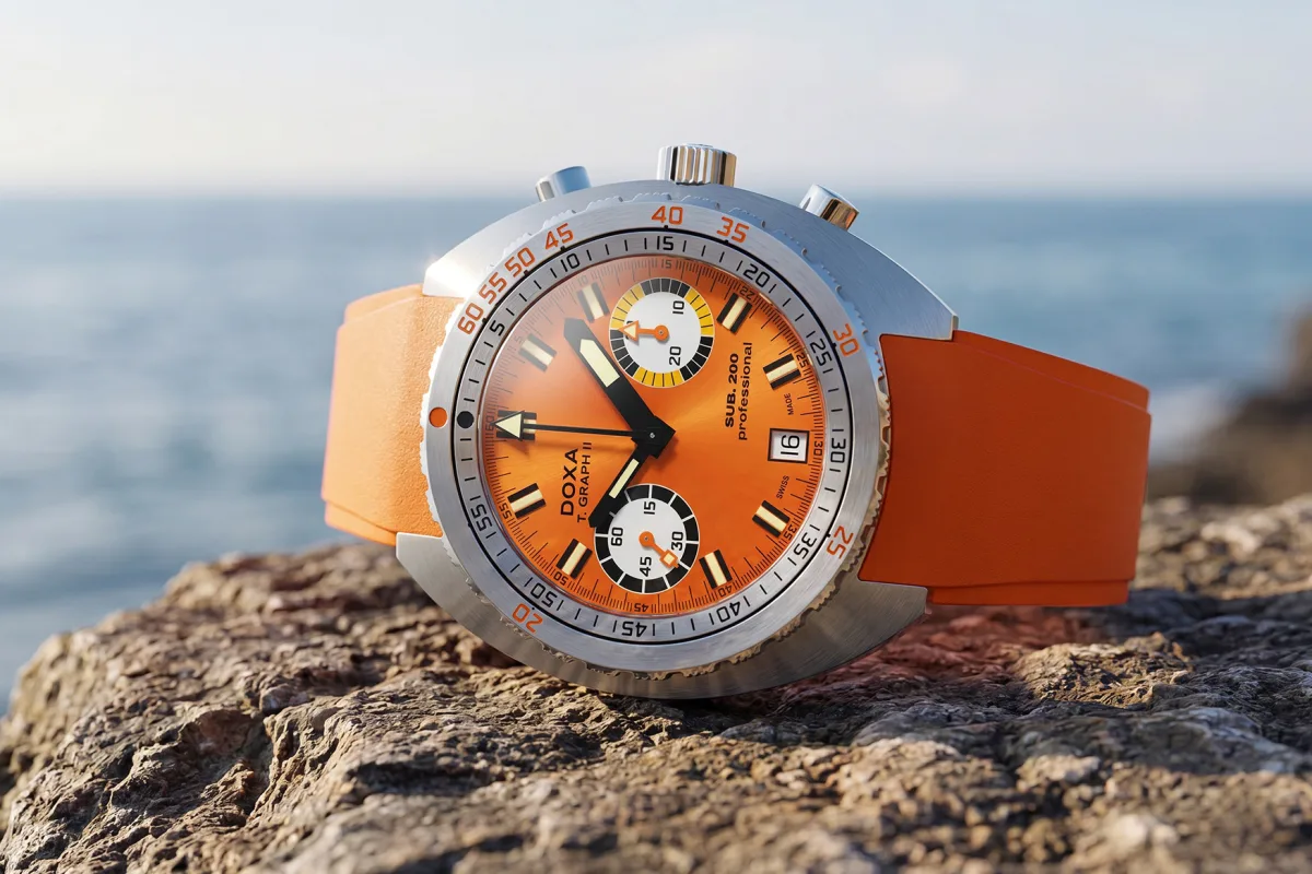 Close-up of Doxa SUB 200 T.GRAPH II rotating bezel