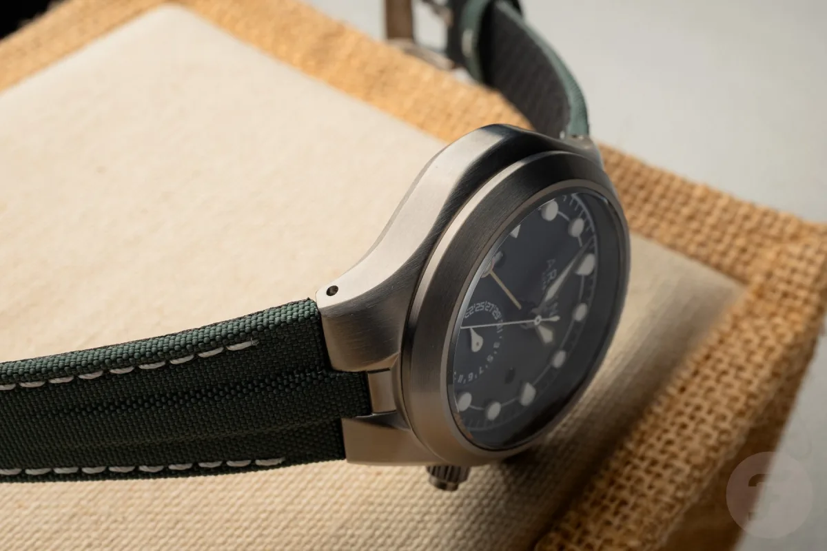 Close-up of Arken Alterum Sage Grey watch face