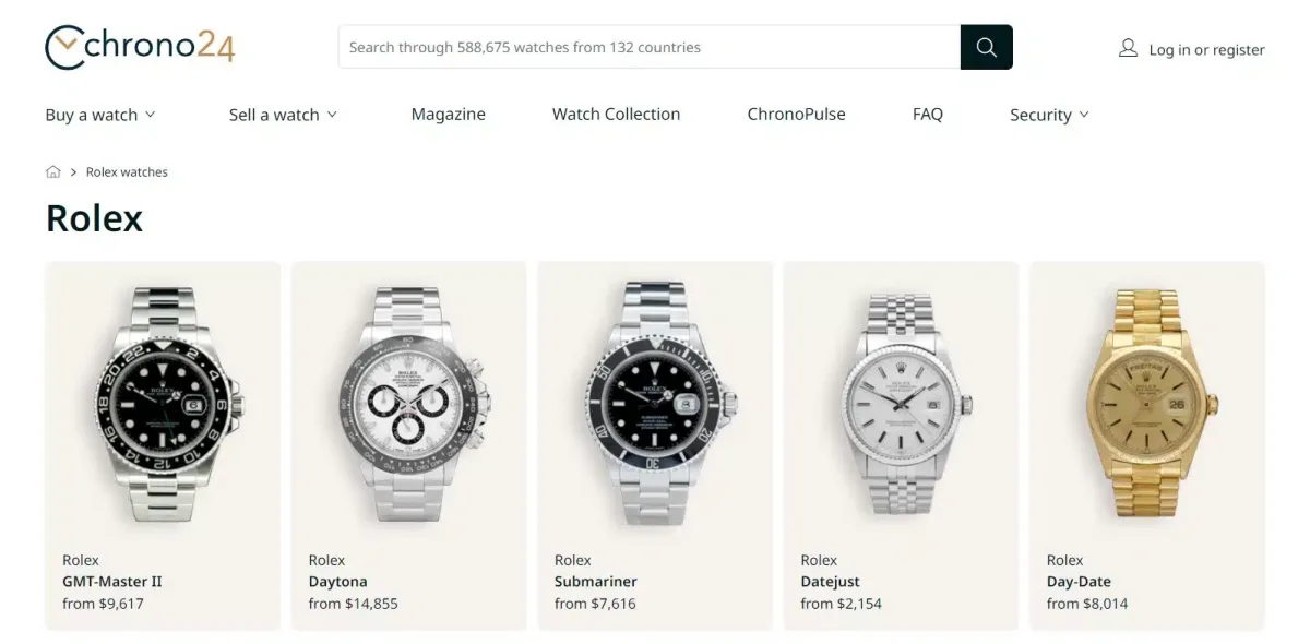 Luxury watches displayed on Chrono24 platform