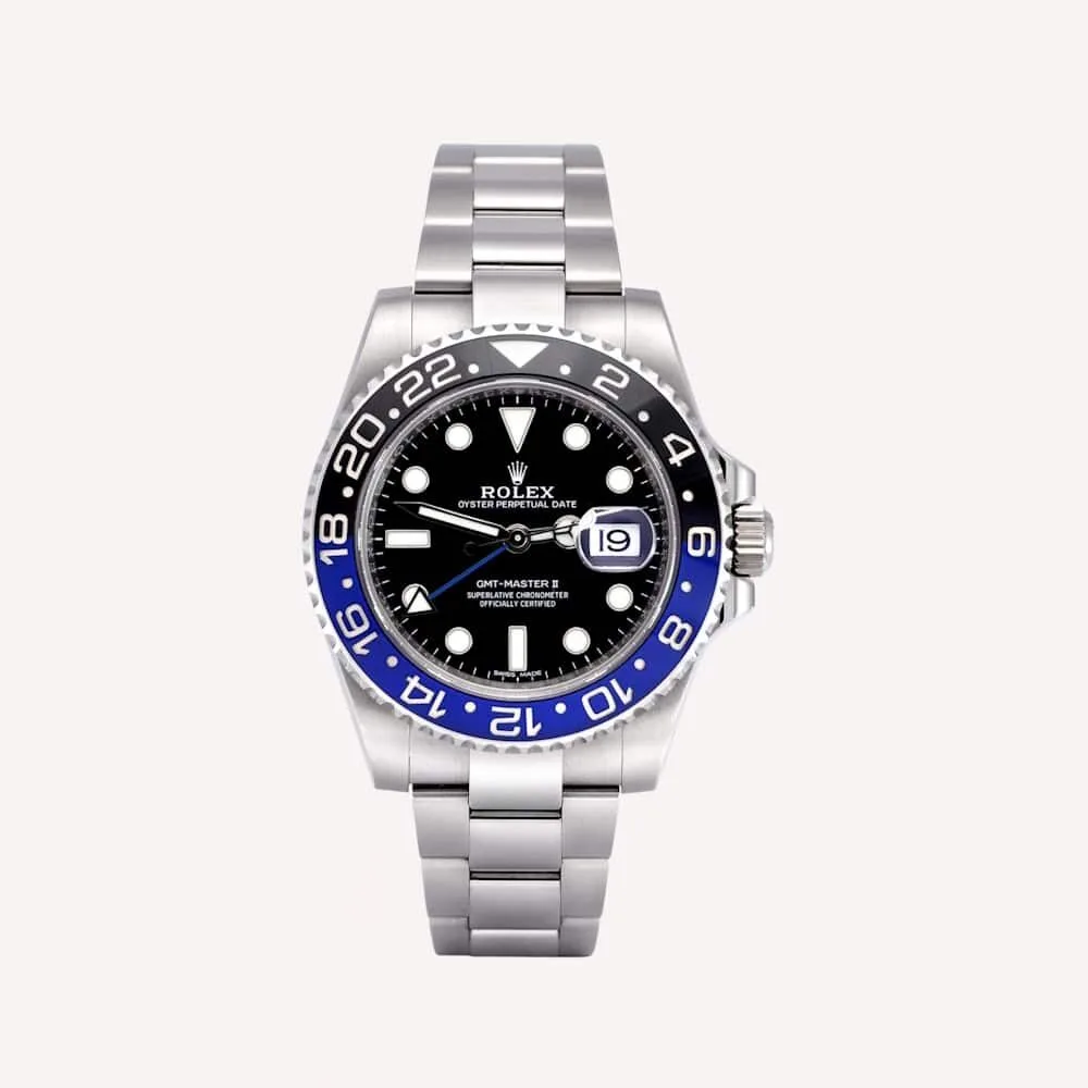 Rolex GMT Master II watch with blue and black bezel
