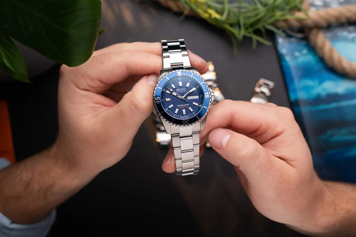 Close-up of Mido Ocean Star 200 case and bezel