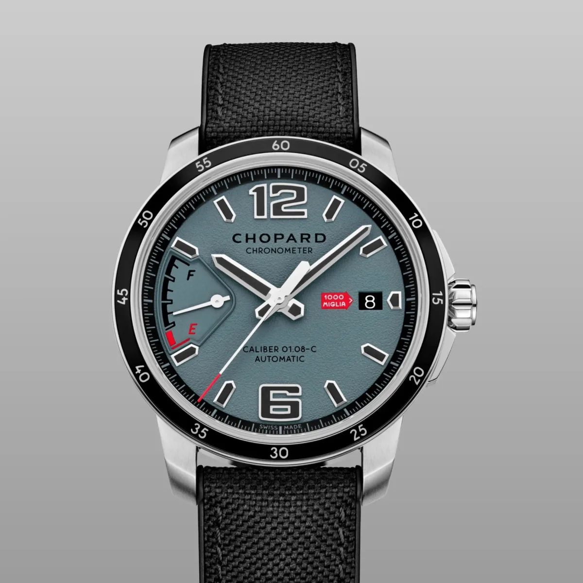 Close-up of Chopard Mille Miglia GTS dial inspired by race car dashboards