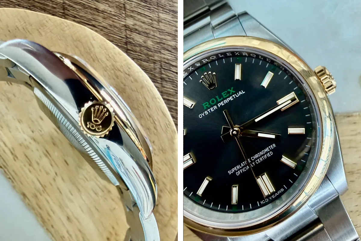 Close-up of the Rolex OP100 showing the green logo