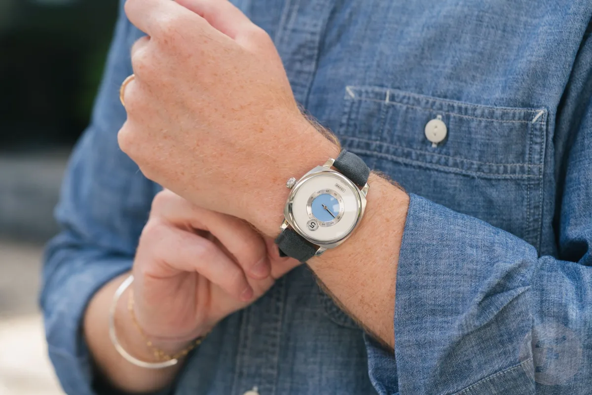 Close-up of the China Blue dial with barleycorn pattern