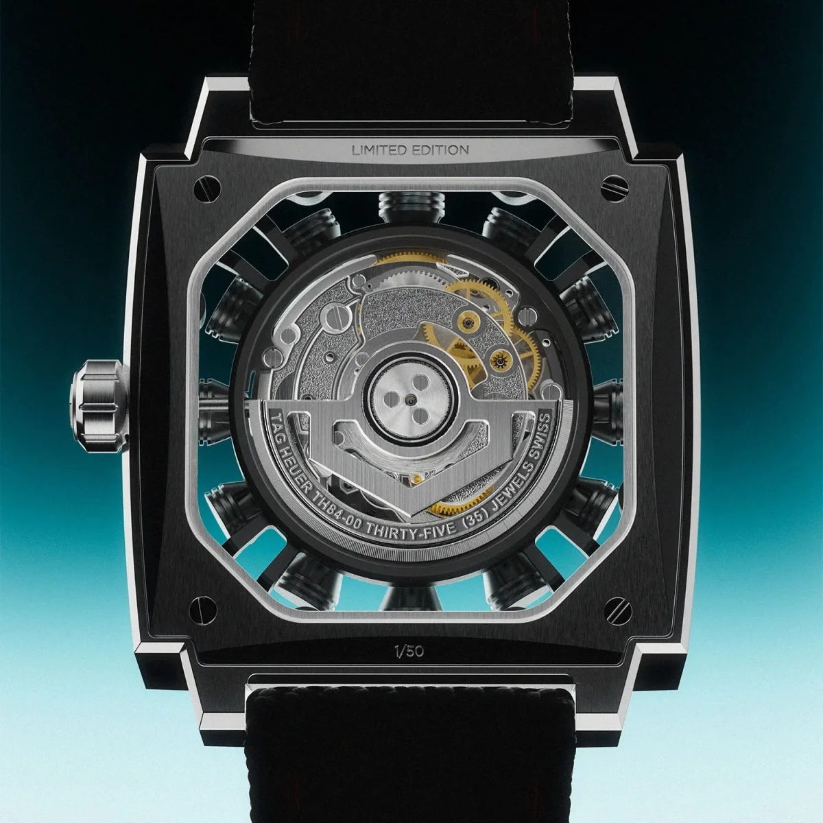 Black rubber strap with red stitching on TAG Heuer Monaco Speed 12
