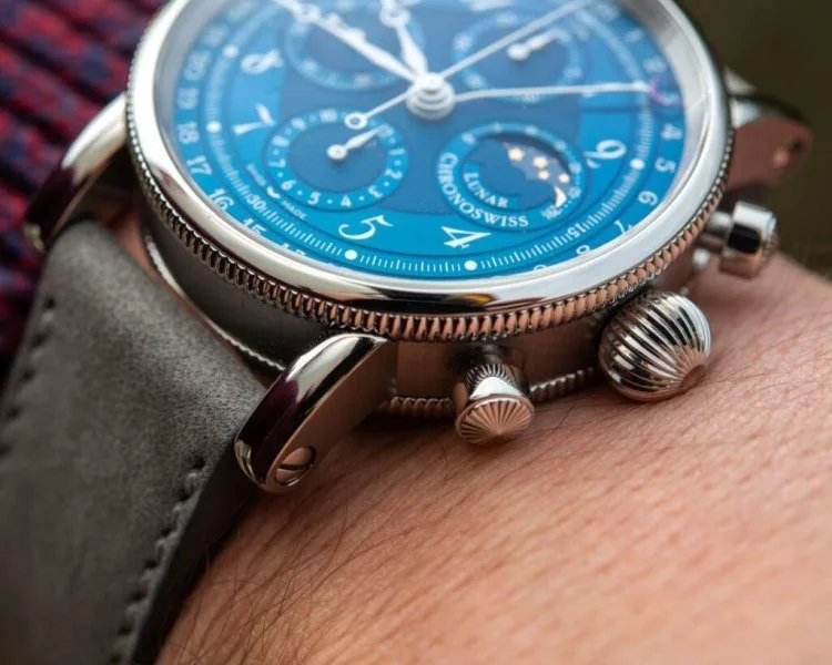 Polished screws on Chronoswiss watch