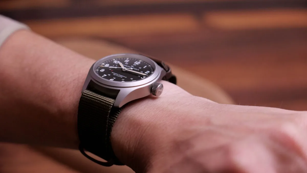 Military-green NATO strap on Hamilton Khaki Field