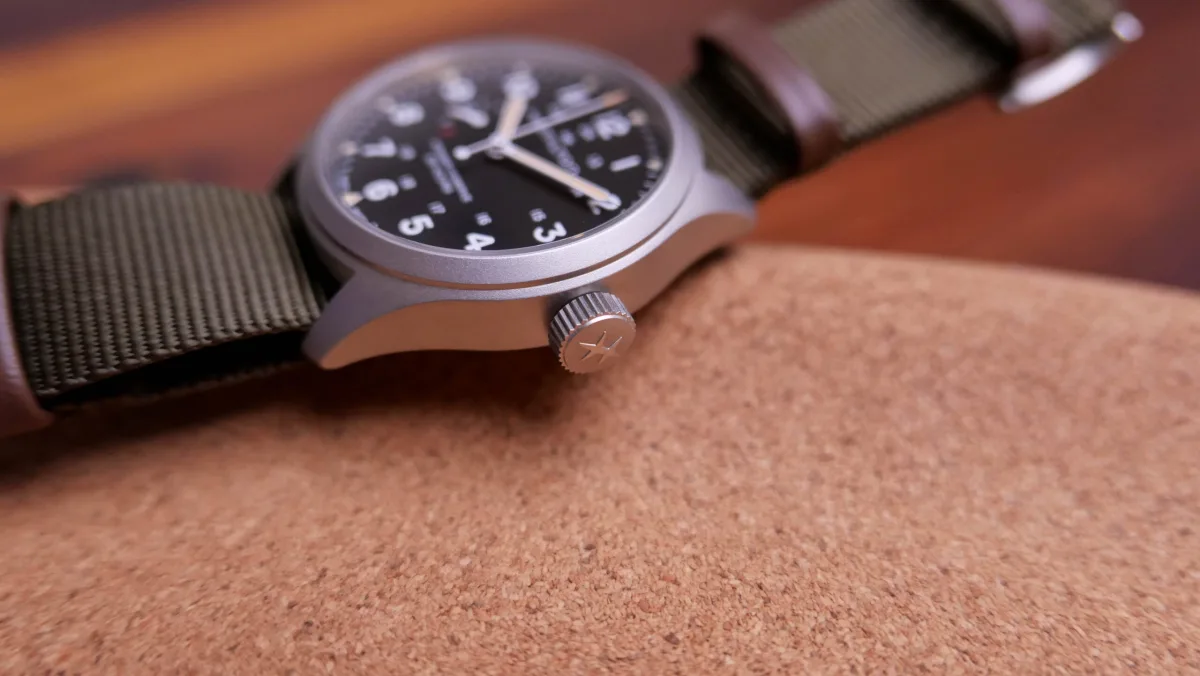 Close-up of Hamilton Khaki Field power reserve indicator