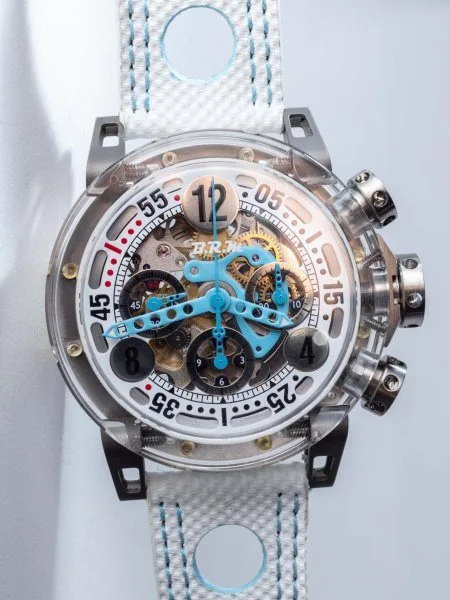 B.R.M. MK-44 watch with polished white dial and light blue hands