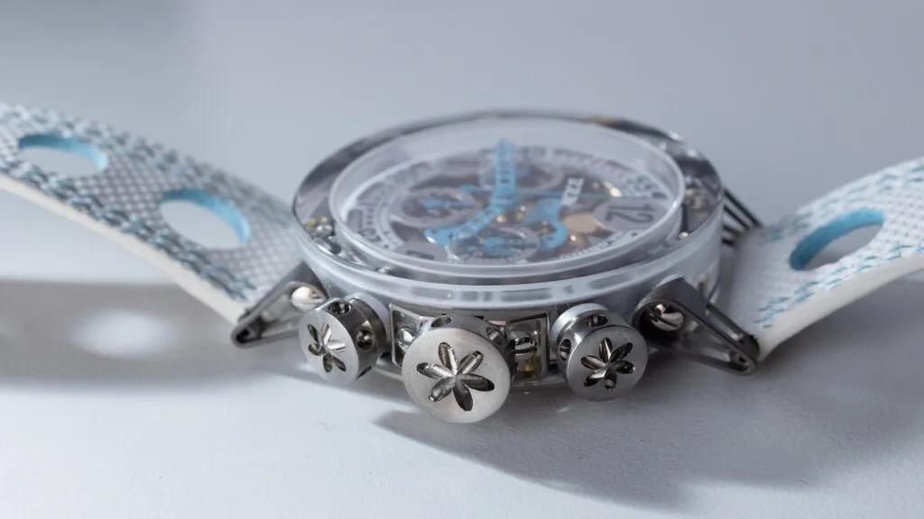 Close-up of B.R.M. MK-44 titanium and Macrolon case
