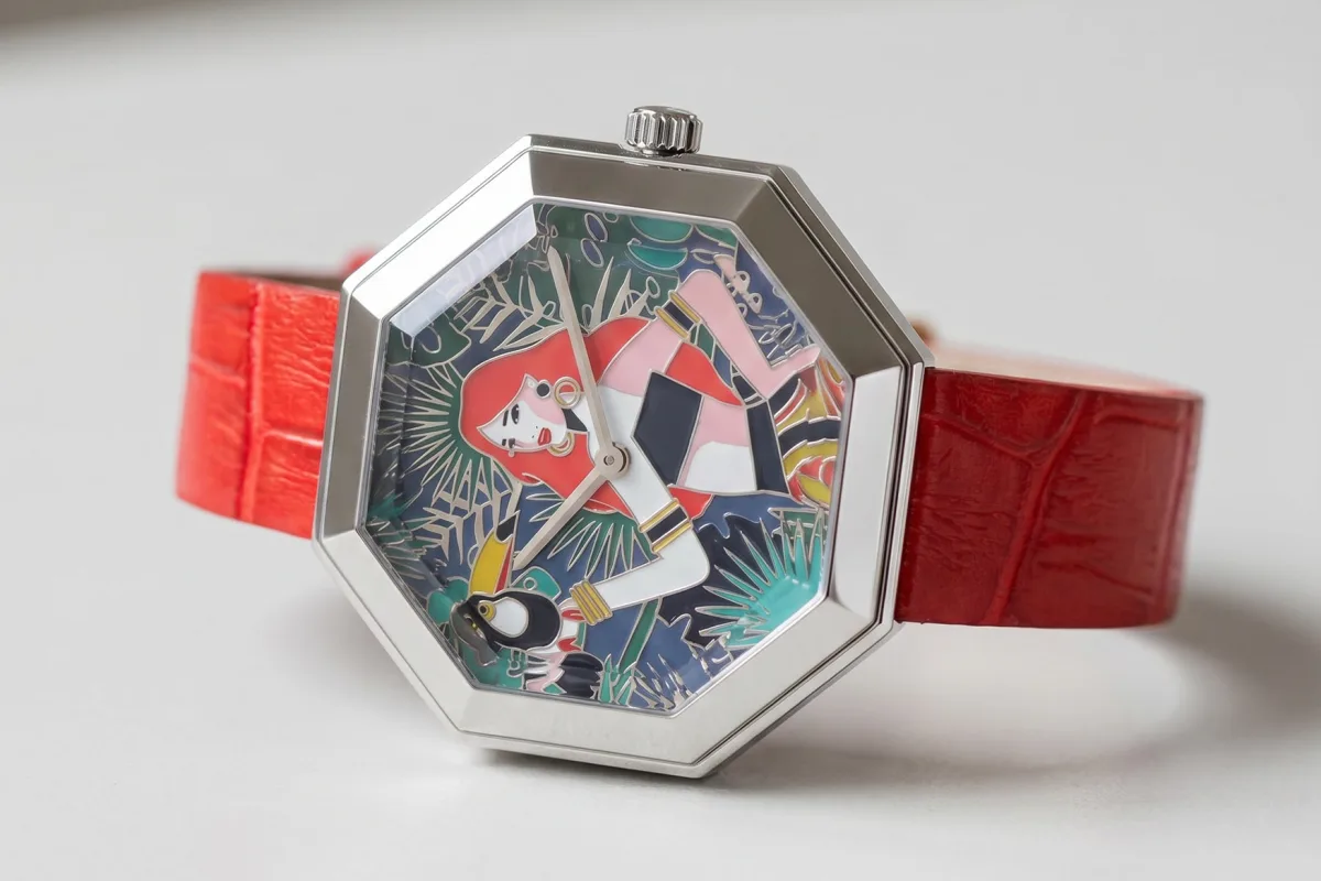 Octagonal case of The Face in Time watch