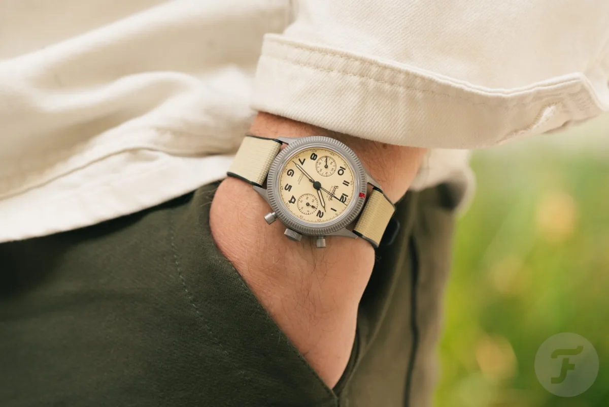 Hanhart 417 TI Desert Pilot with sand-colored strap