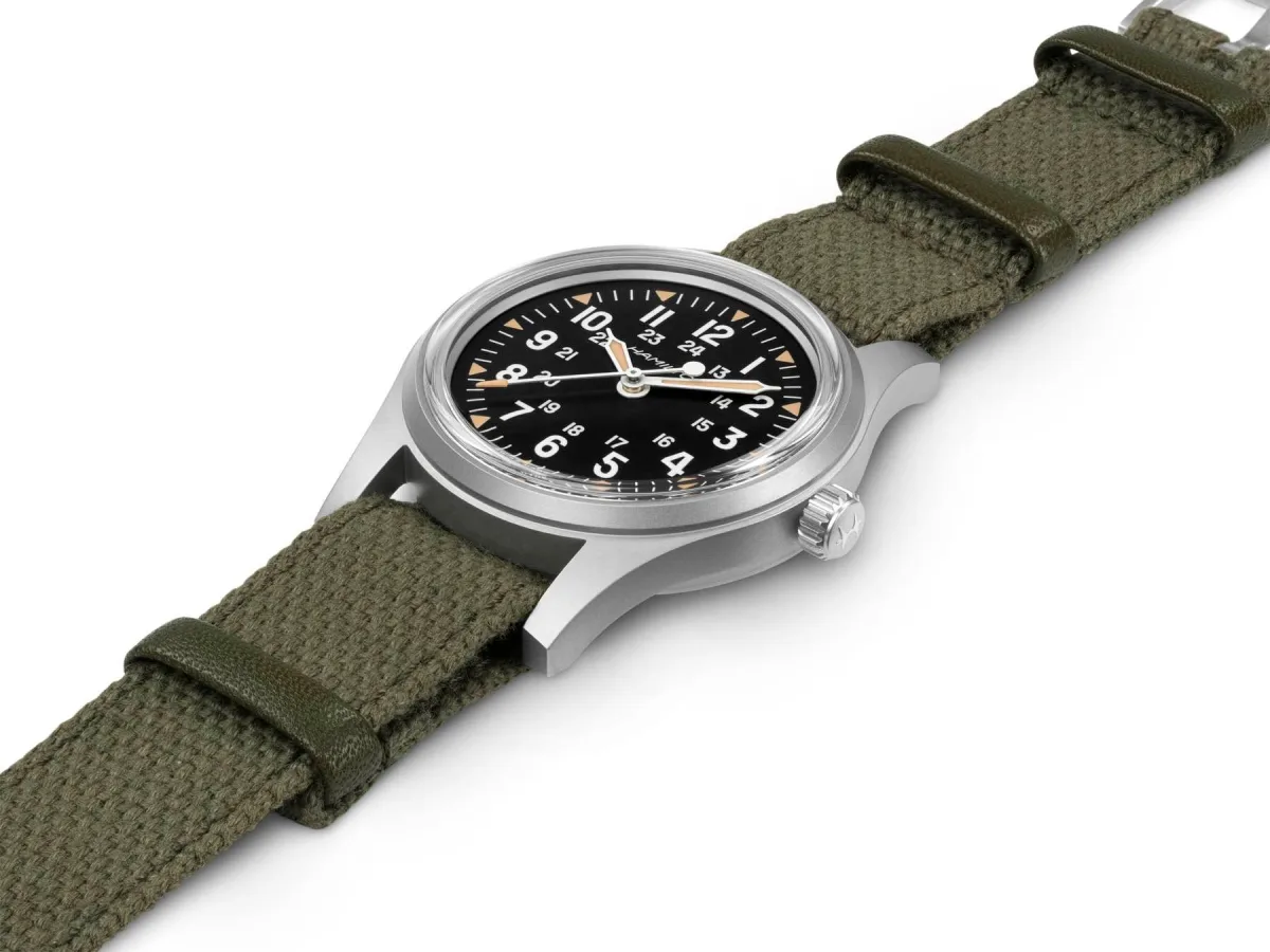 Hamilton Khaki Field 36mm watch close-up.