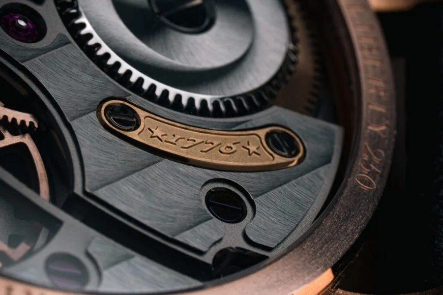 Detail of Liberty 250's chamfered and polished movement parts