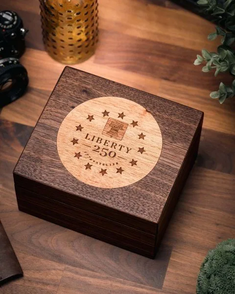 Liberty 250's wooden box with historic Independence Hall wood
