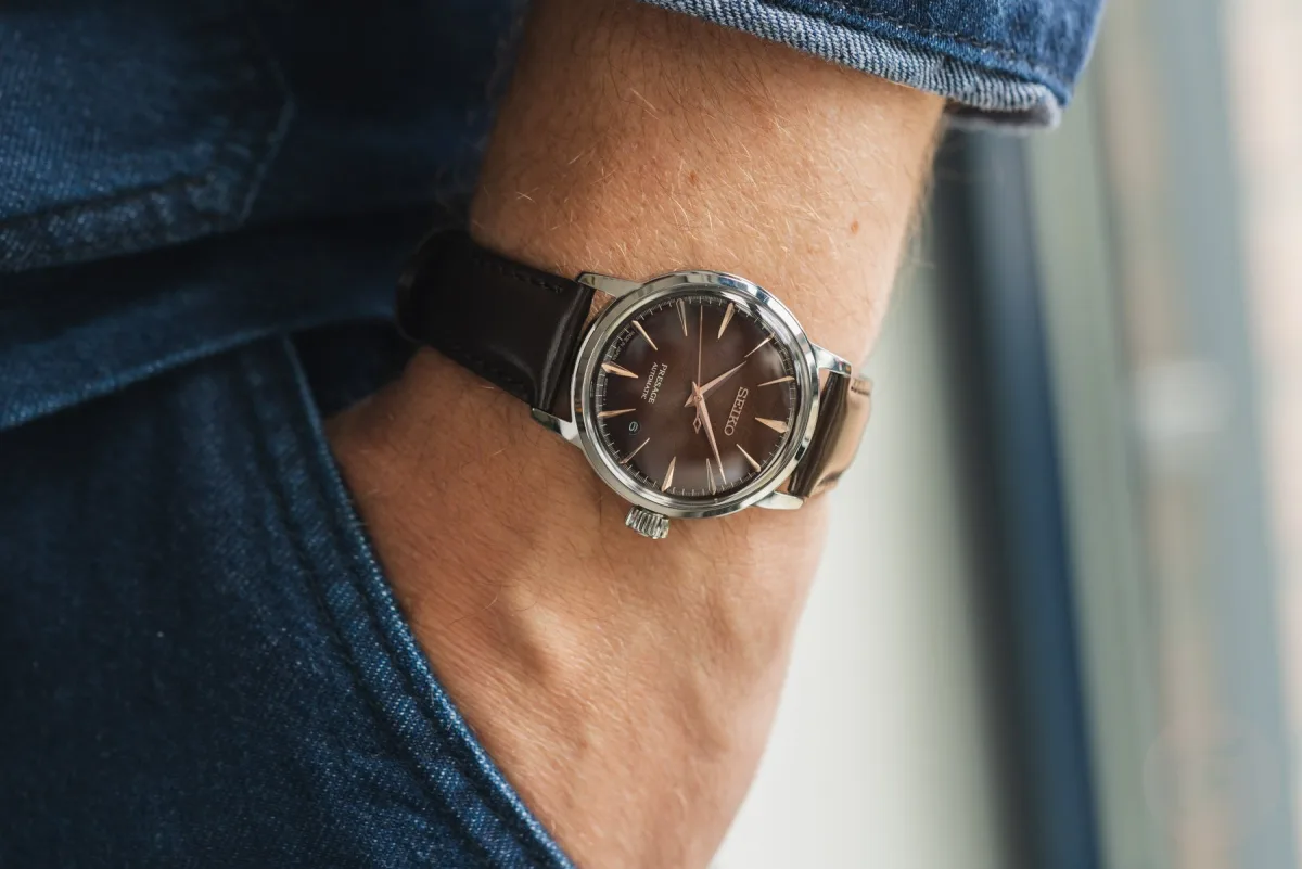 Seiko Presage Cocktail Time model HCB003 with brown dial and dark leather strap