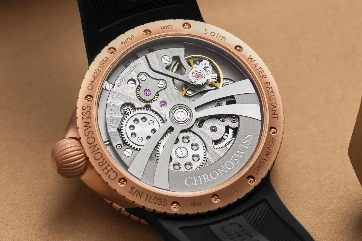 Dial detail of Chronoswiss Pulse GMT Frosted Guilloché Gold
