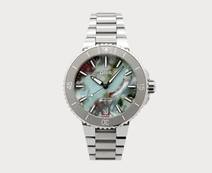 Oris Aquis Date Upcycle with unique recycled PET plastic dial