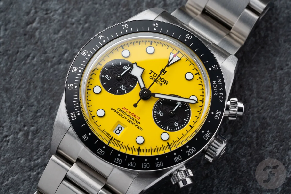 Yellow dial with black sub-dials on Tudor Black Bay Chrono