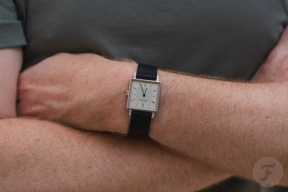 Nomos Tetra watch on wrist showing elegant styling