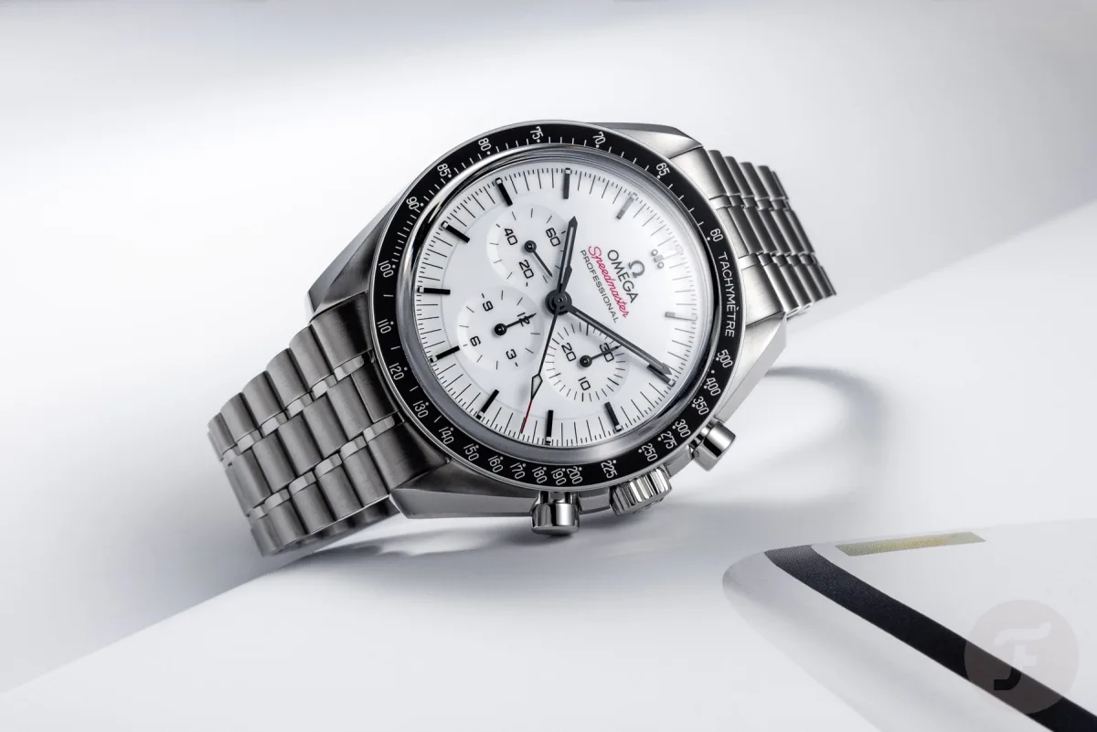 Omega Speedmaster Moonwatch bracelet detail.