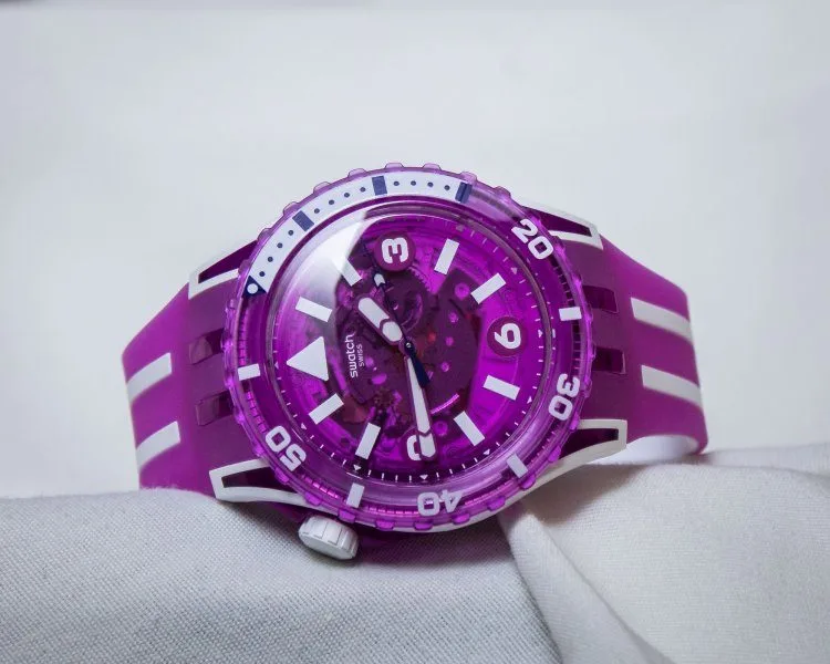 Close-up of Swatch SCUBAQUA watches in different colors