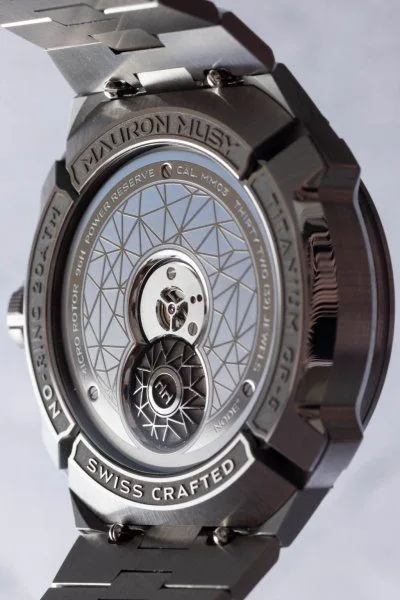 Swiss Crafted dial and details of Mauron Musy NODE°