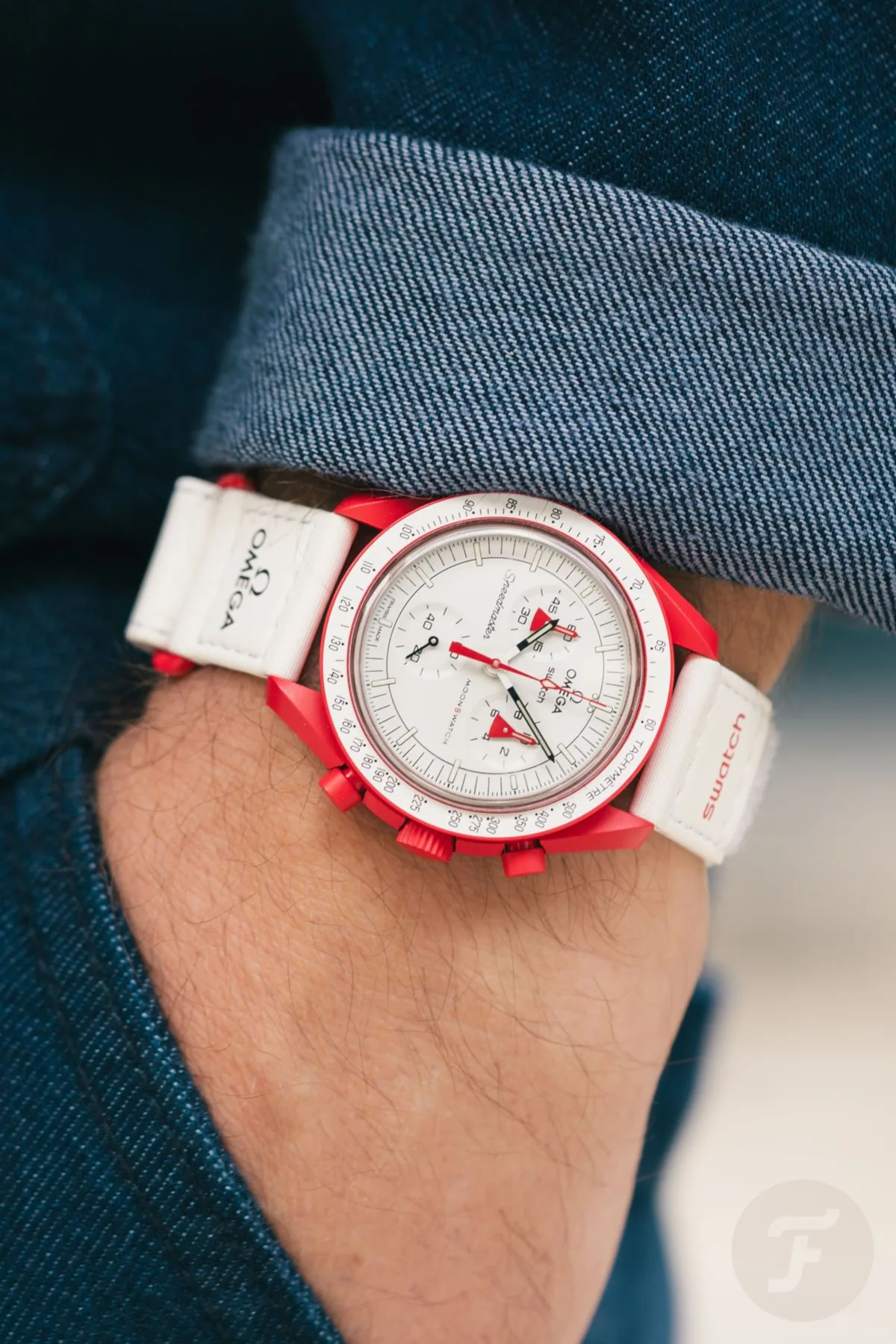 Close-up of sub-dials on Speedmaster MoonSwatch Mission to Mars
