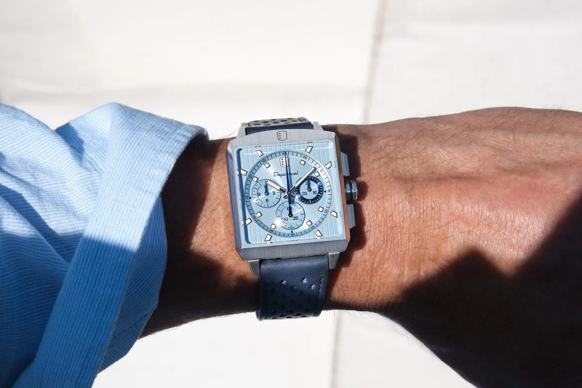 Light blue dial of Depancel Série-R Ice Blue with engravings