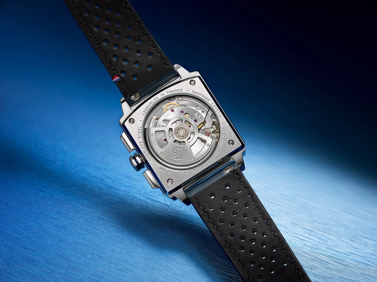 Dark blue markers and perforated leather strap on Depancel watch
