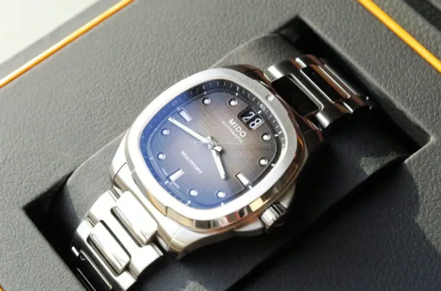 Mido Multifort TV Big Date with gradient dial and TV-shaped case