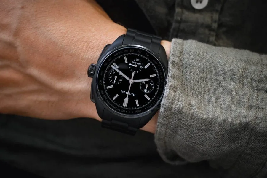 Detailed view of the Bulova Lunar Pilot Black Hole dial