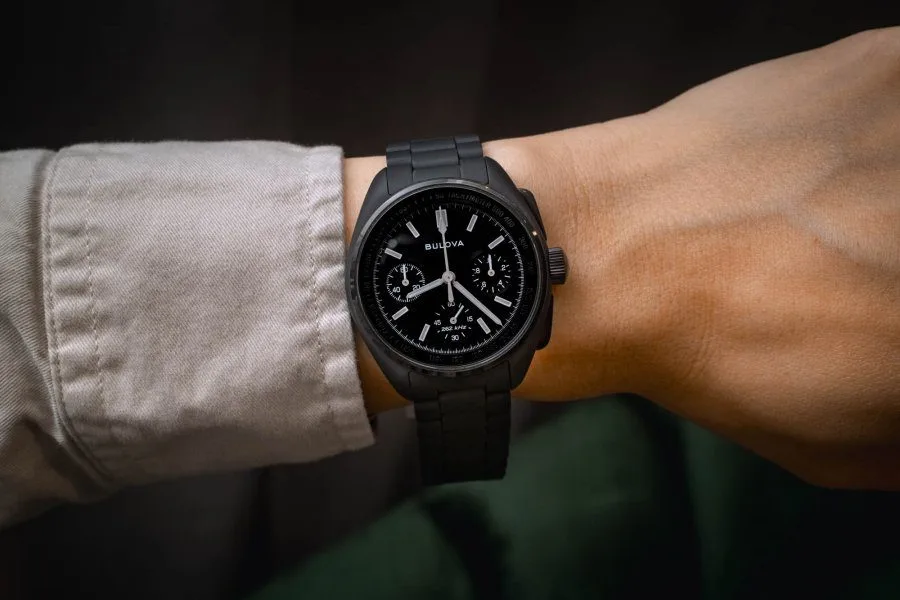 Close-up of Bulova Lunar Pilot Black Hole case