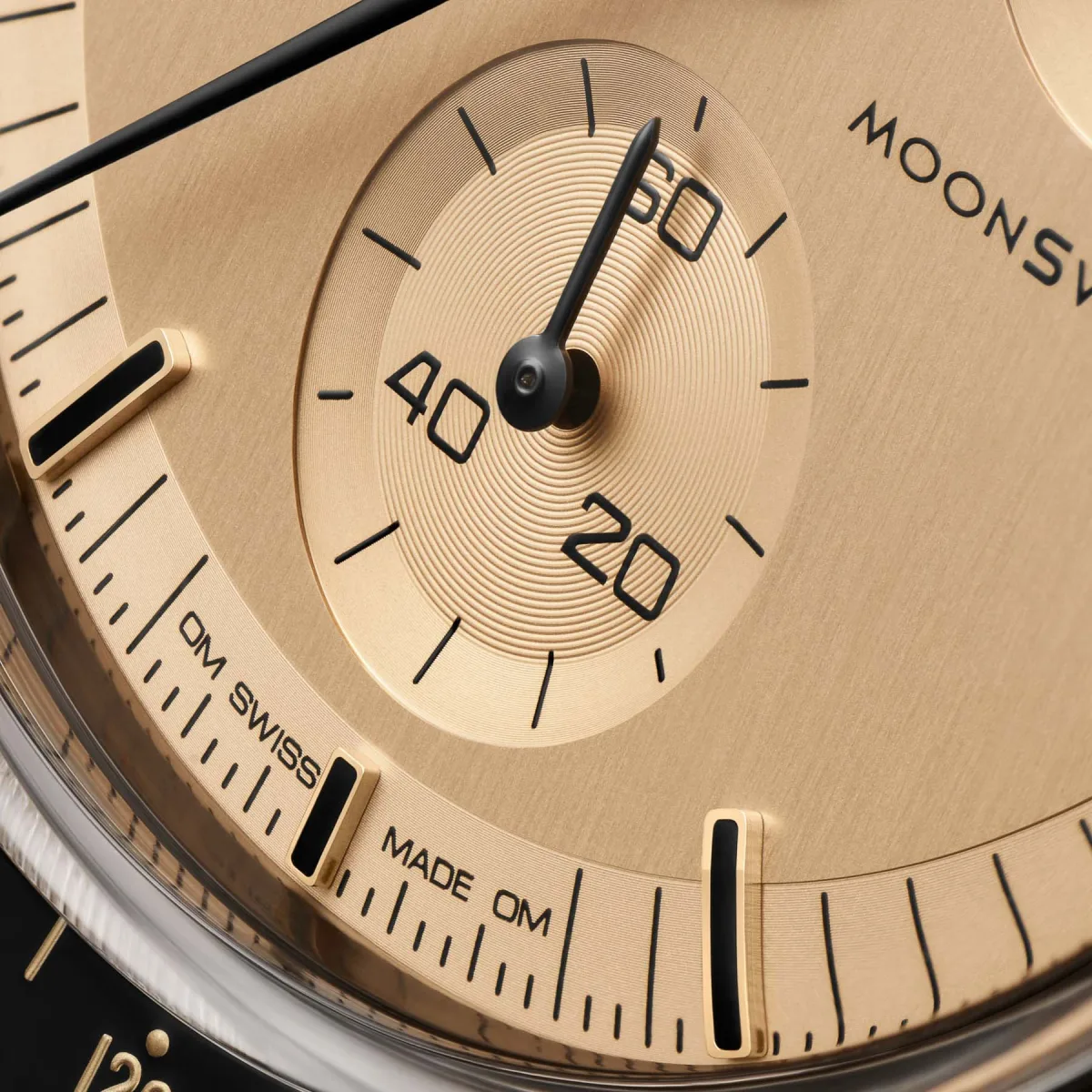 Omega × Swatch Speedmaster MoonSwatch Mission To The Moon 1969 dial with "OM" markings
