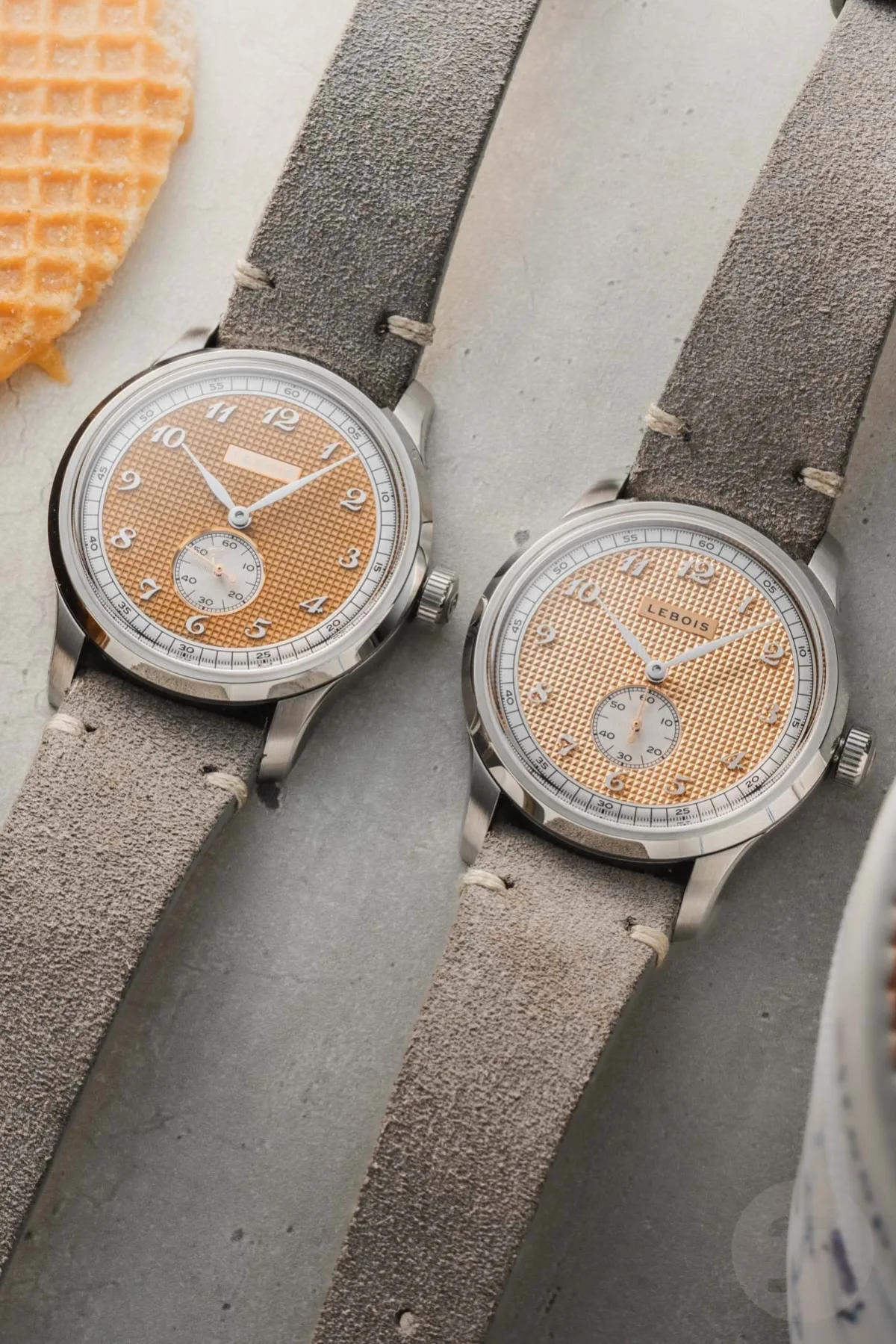 Lebois & Co Heritage Atelier Small Seconds Stroopwafel and Clous de Paris side by side, flat-lay