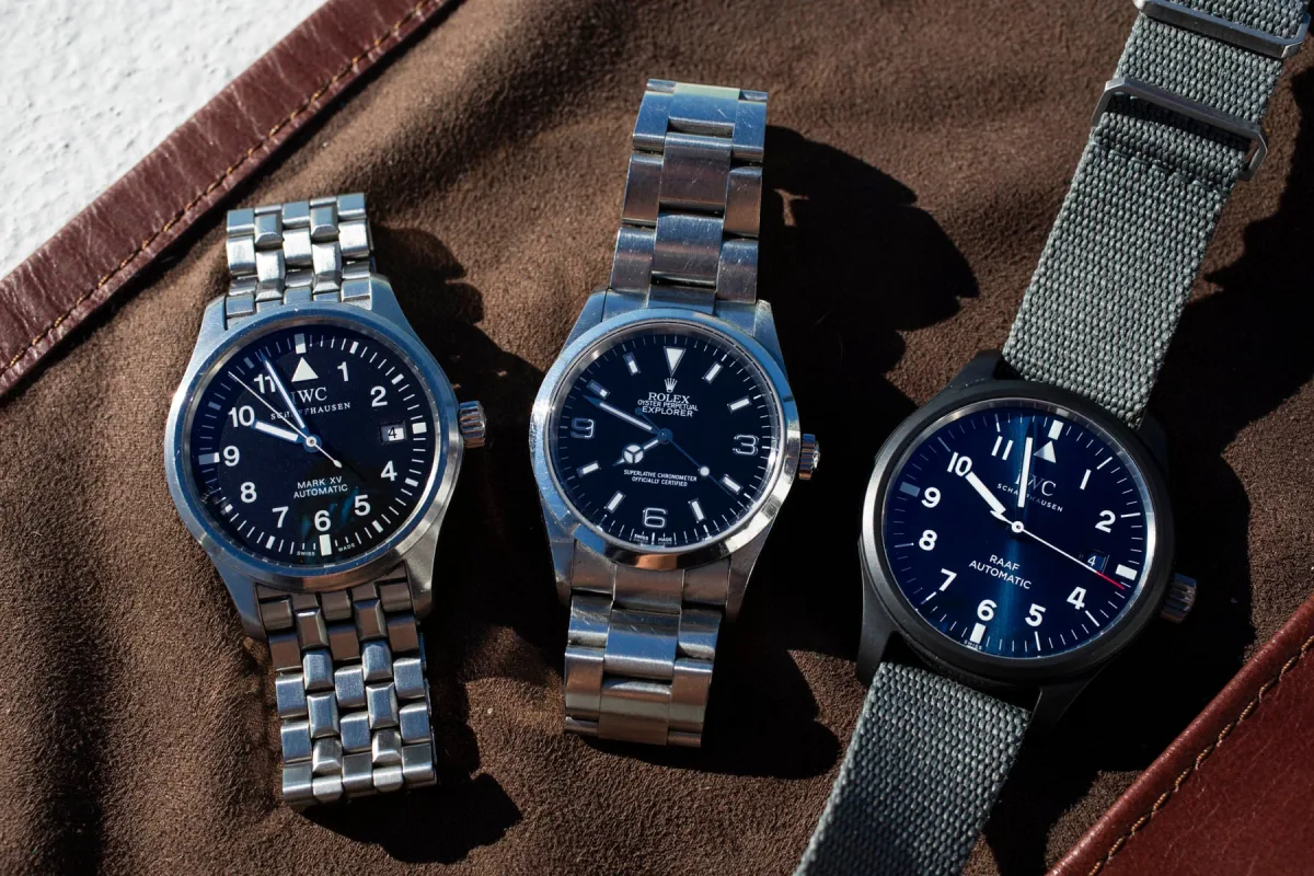 Comparison of watch sizes: IWC Mark XV and Rolex Explorer 114270