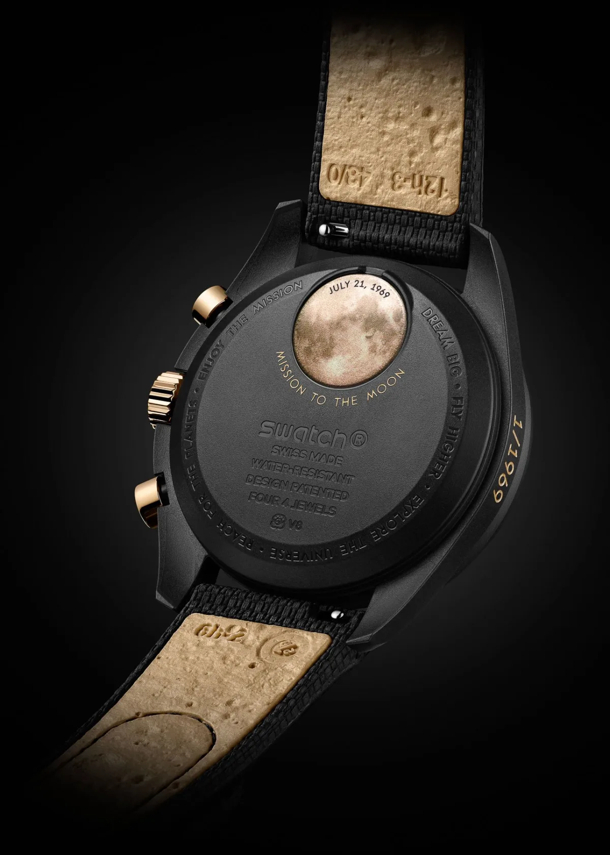 Unique numbering and design on the Swatch MoonSwatch Mission To The Moon 1969 case