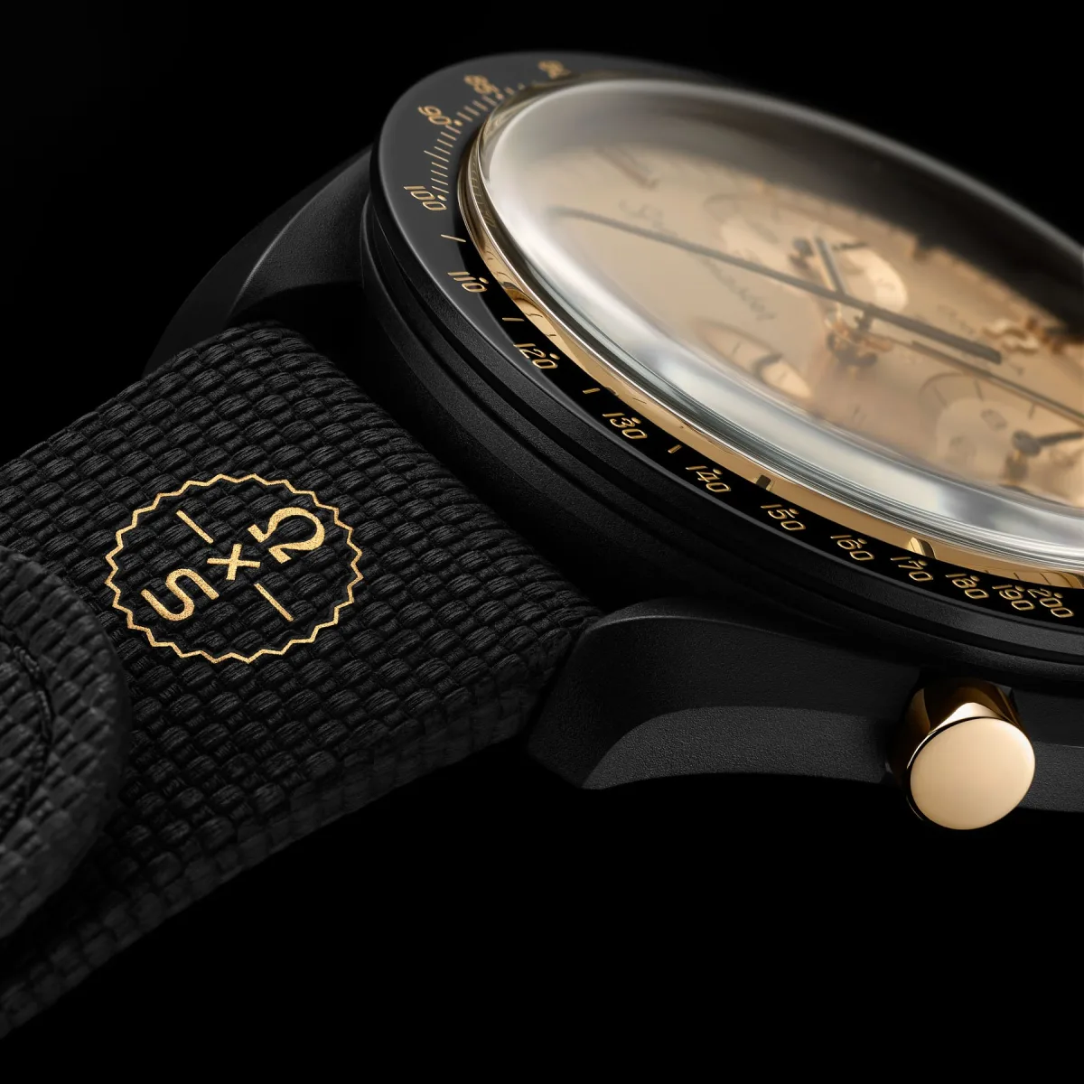 Black rubber strap with logos on Swatch MoonSwatch Mission To The Moon 1969