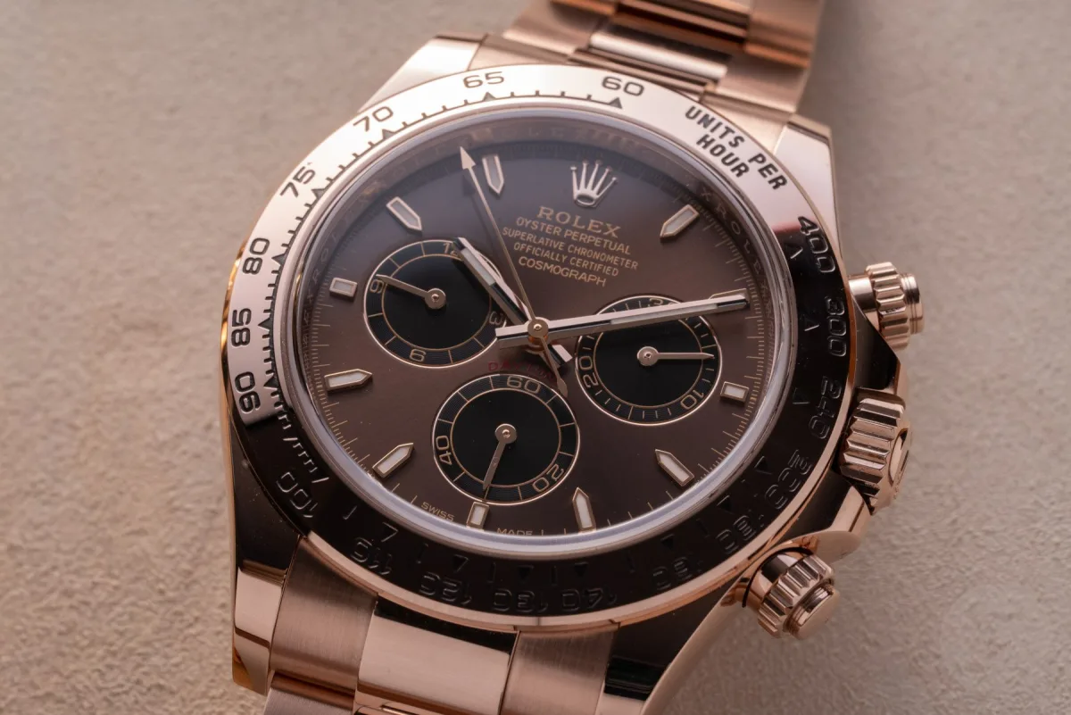 Close-up of brown dial Rolex Daytona