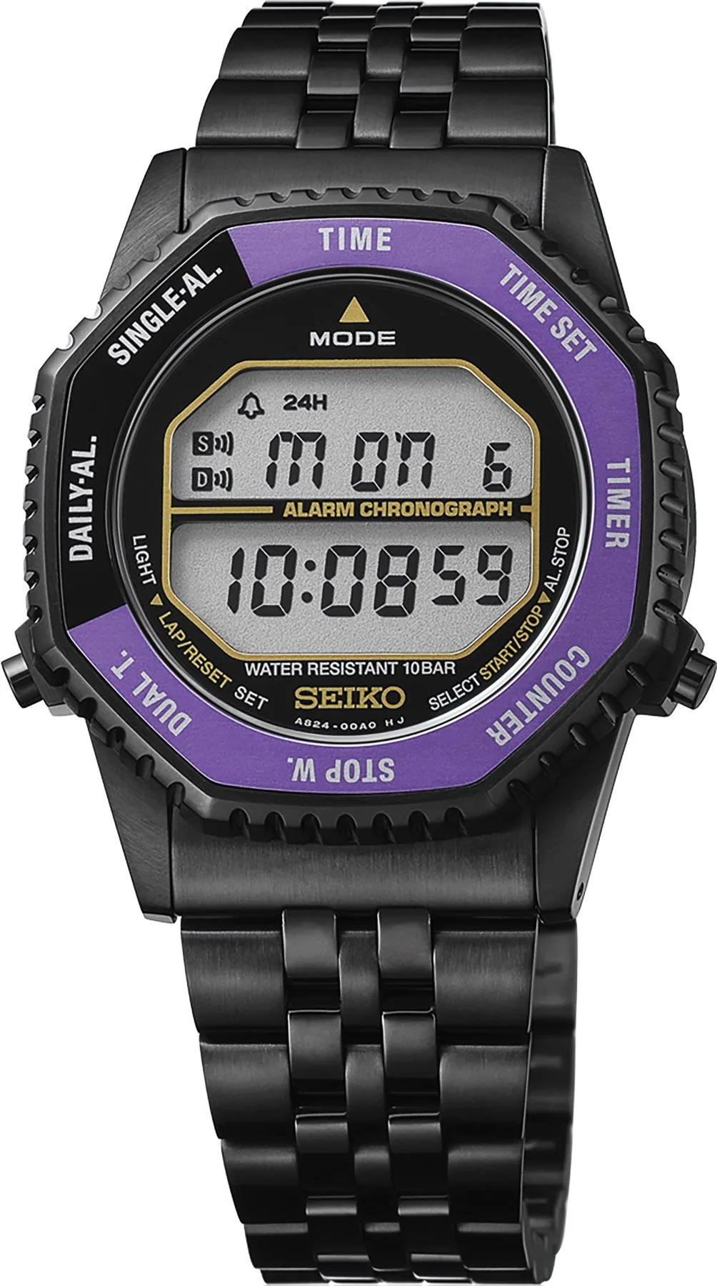 Seiko Selection Rotocall digital watch in black and purple
