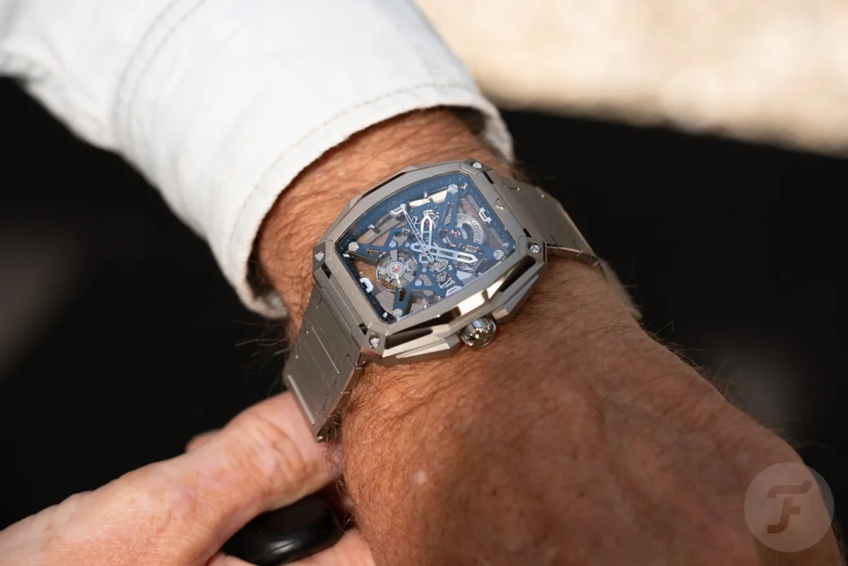 Close-up of titanium case with cutouts