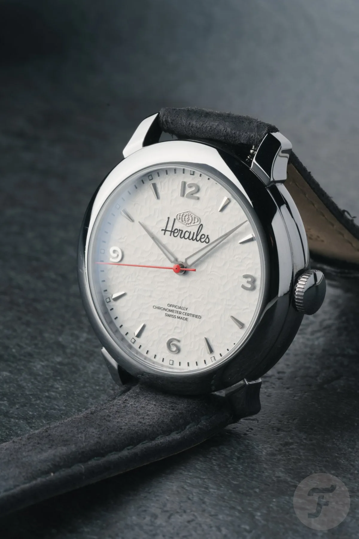 Detailed view of HP Hercules Polished Tantalum dial