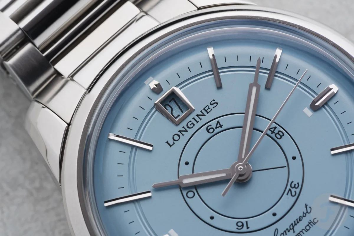 Close-up of the power reserve indicator on Longines watch