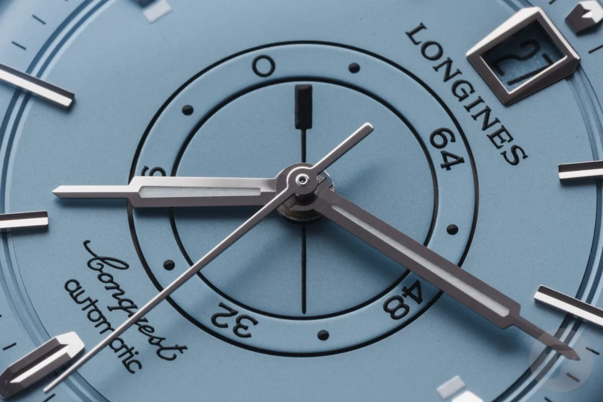 Light blue opal dial of Longines Conquest Heritage watch