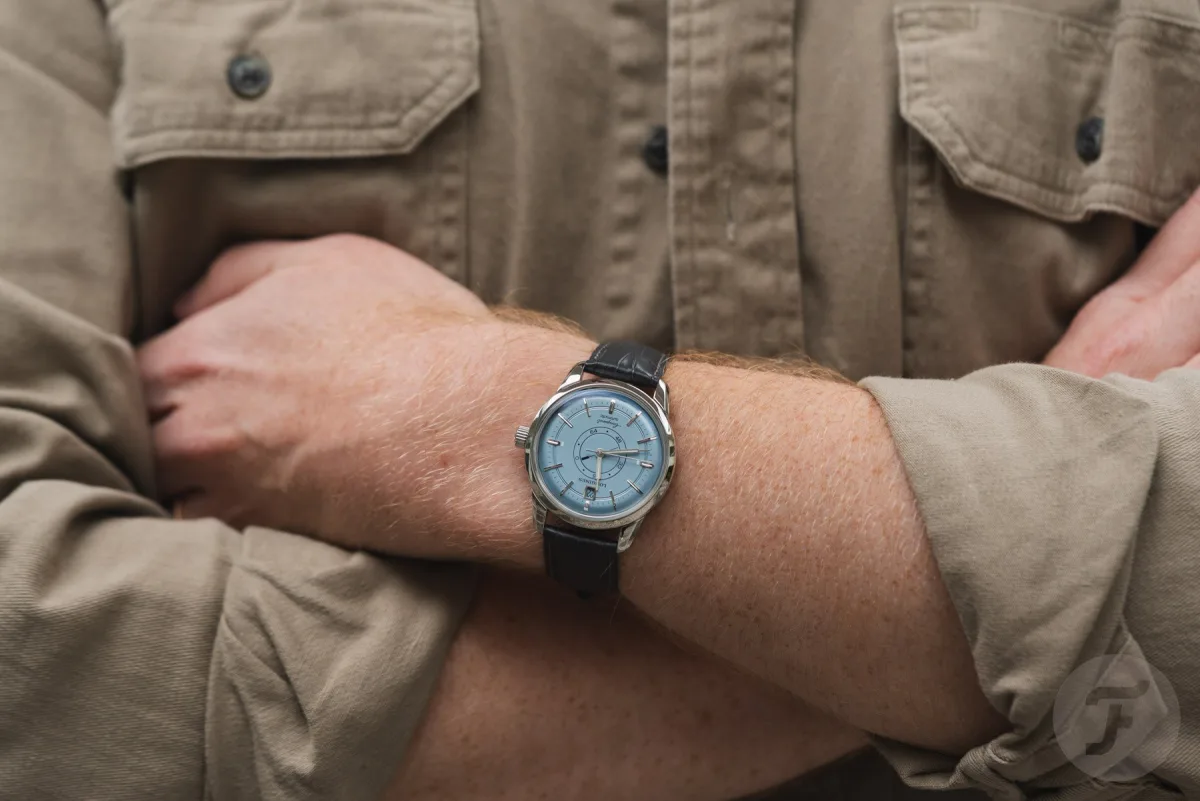Longines watch on a gray leather strap